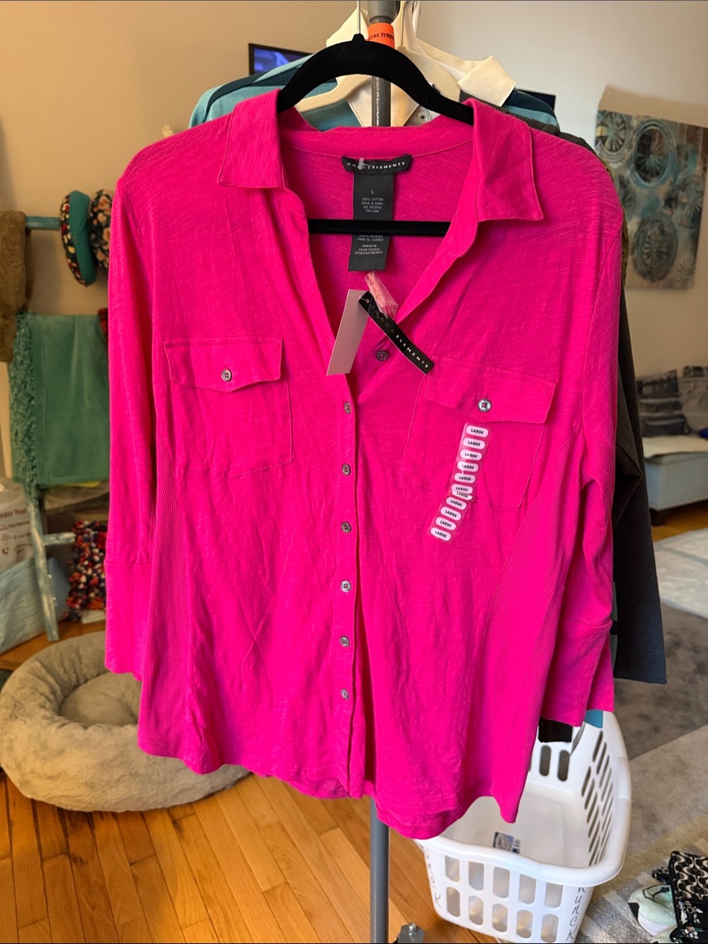 Grace Elements Hot Pink Button-Front blouse. Size Large NWT. 100% Cotton.